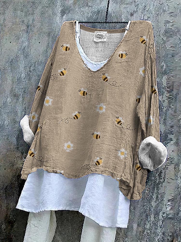Comstylish Women's Vintage Bee Art Cozy Linen Blend Tunic