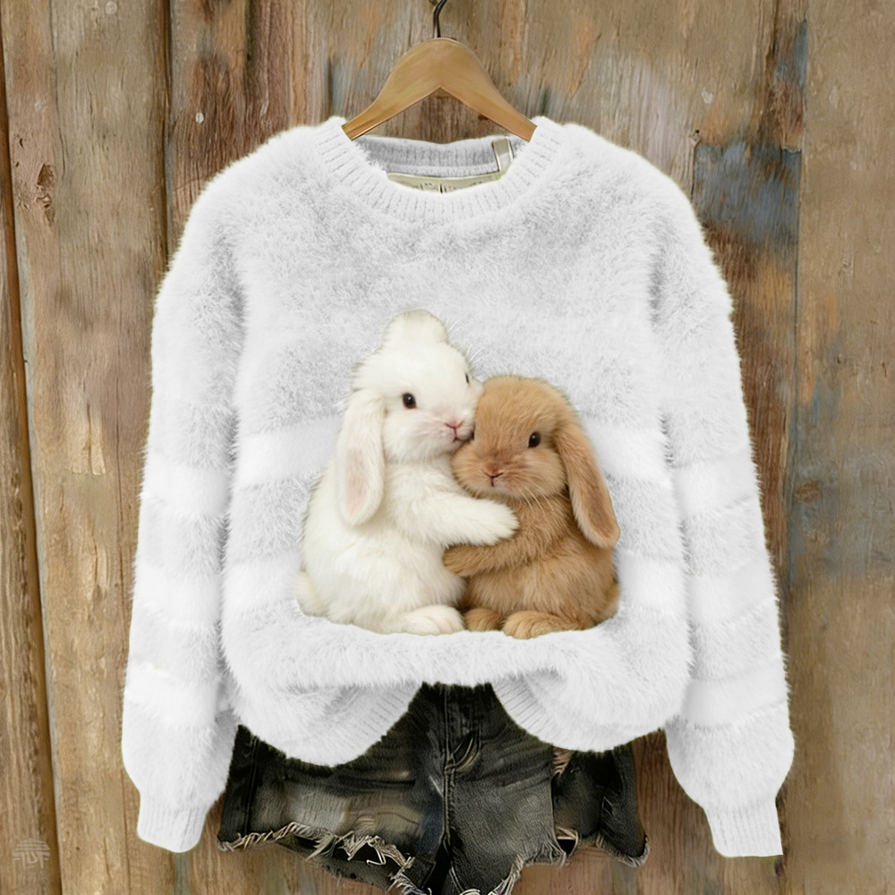 Hug Together Rabbit Plush Round Neck Hoodie wearshes