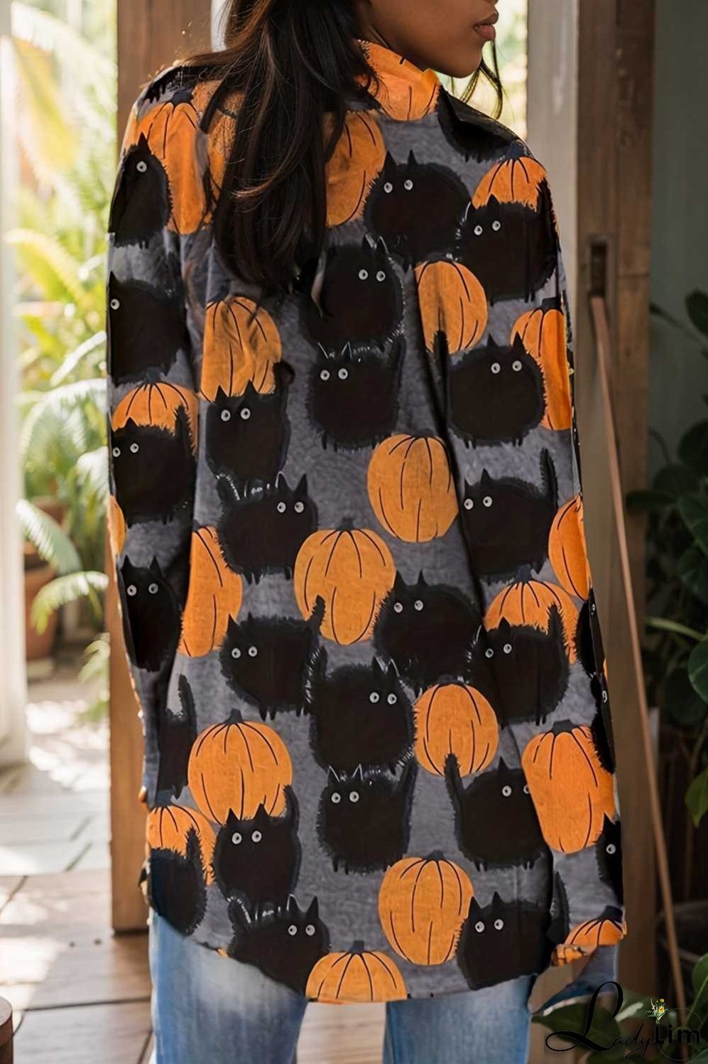 plus size halloween coat women s pus allover cat pumpkin print long sleeve open front medium stretch cardigan overcoat