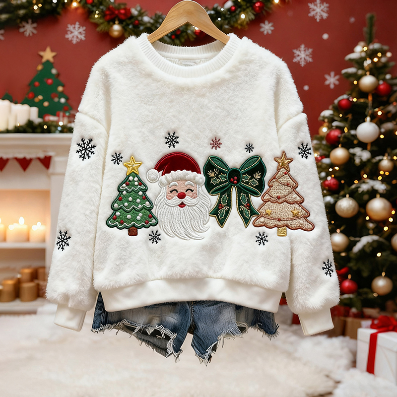 Cute Santa Claus And Christmas Tree Pattern Warm Crew Neck Sweater elevenforest