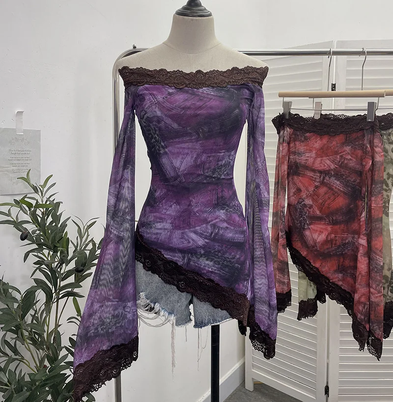 Uveng Tie-Dyed Leopard Print Lace Spliced Double-Layer Mesh Shoulder Irregular Loudspeaker Top 9912