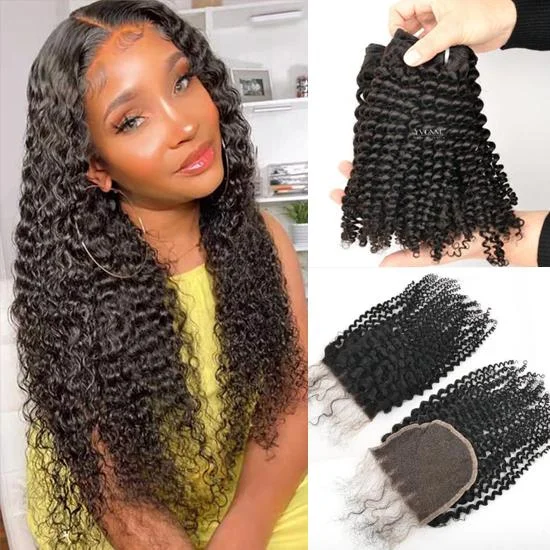 Yvonne Free Shipping Platinum Kinky Curly 3 Bundles Human Hair Weaves With HD 5x5 Lace Closure