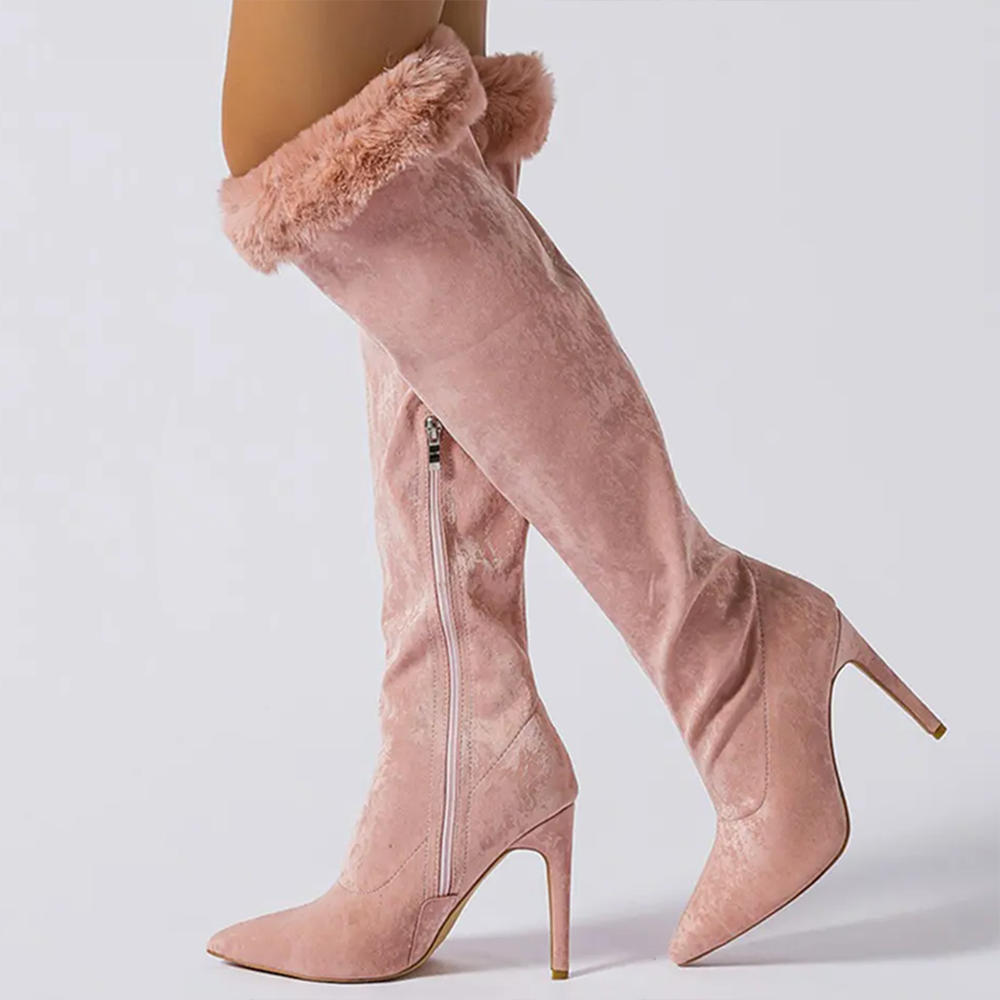 Cute Pointed Toe Faux Fur Trim Stiletto Heel Knee High Boots in Pink Nicepairs
