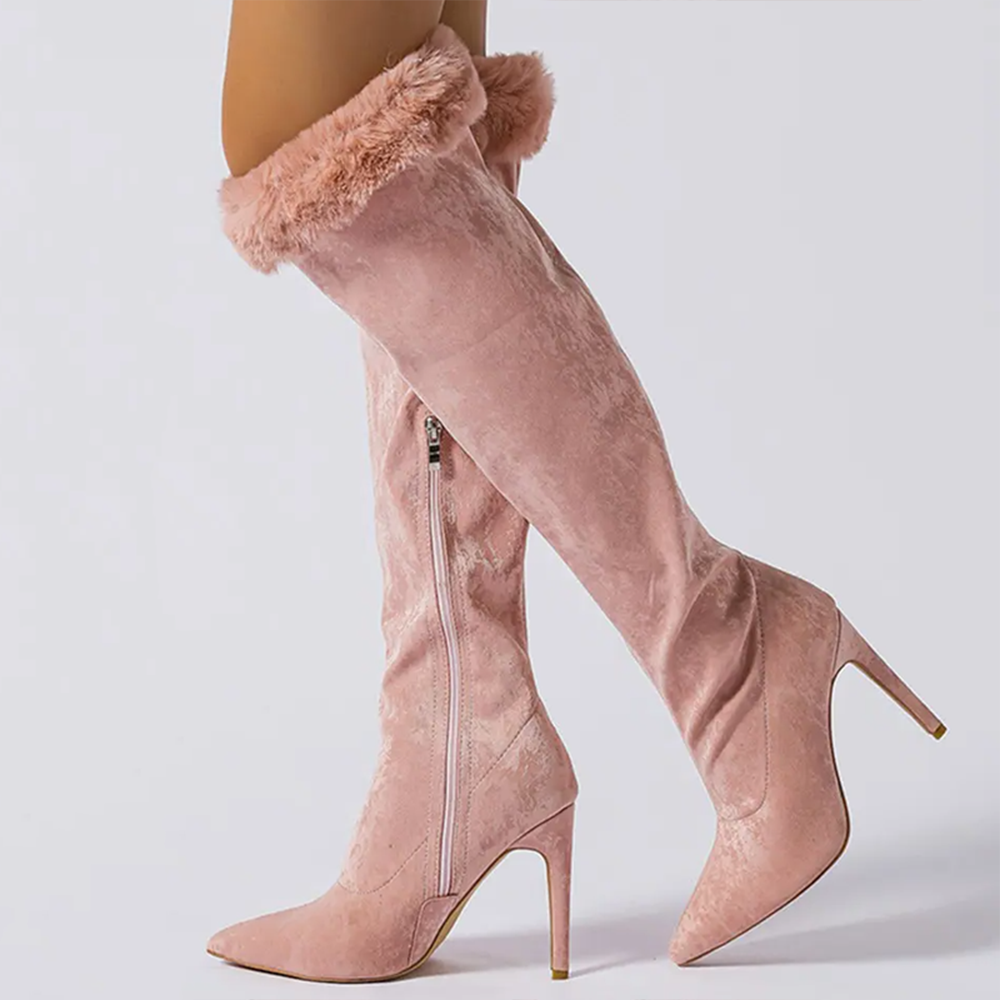 Pink Suede Pointed Toe Knee High Boots With Furry Zipper Boots Nicepairs