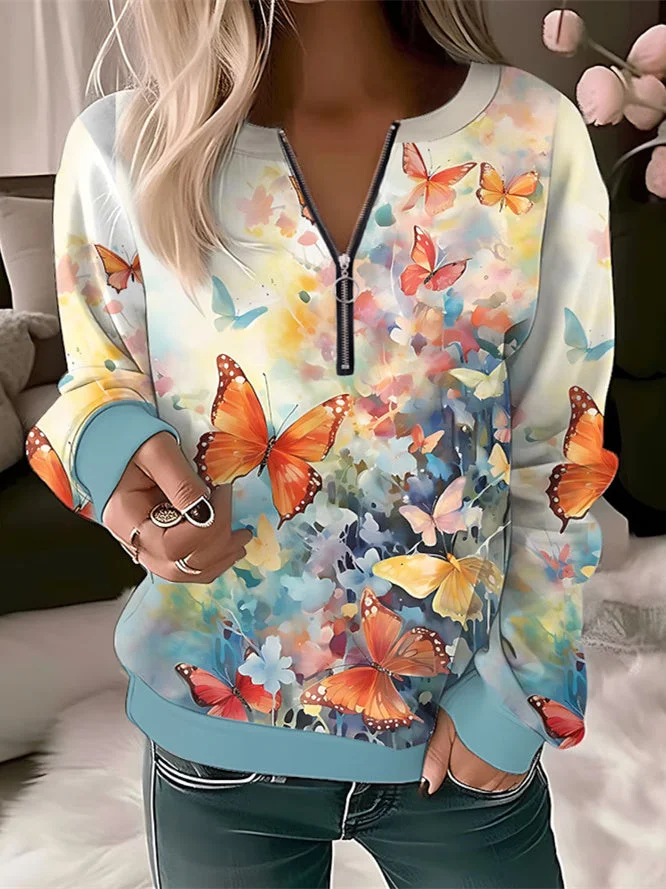 Women's Long Sleeve V-neck Floral Printed Graphic Tops