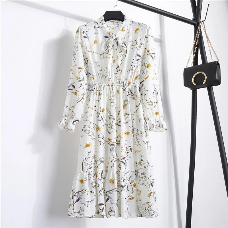 Autumn Chiffon Shirt Dresses Long Sleeve Polka Dot Plaid Office Vintage Dress 2022 Women Summer Casual Midi Floral Dress Vestido