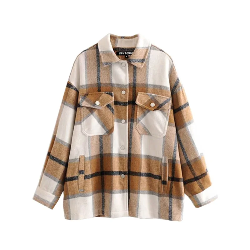 Vintage Stylish Pockets Oversized Plaid Jacket Coat Women 2021 Fashion Lapel Collar Long Sleeve Loose Outerwear Chic Tops