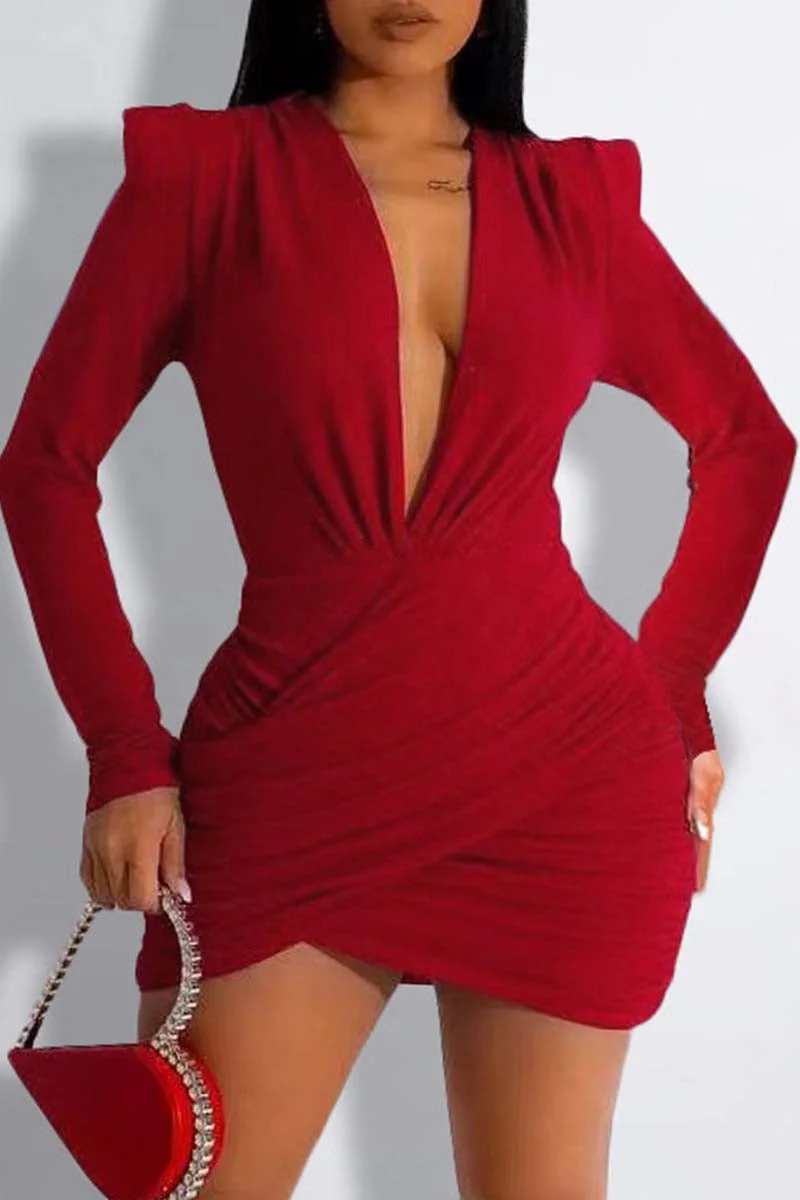 Sexy Solid Patchwork V Neck Long Sleeve Dresses