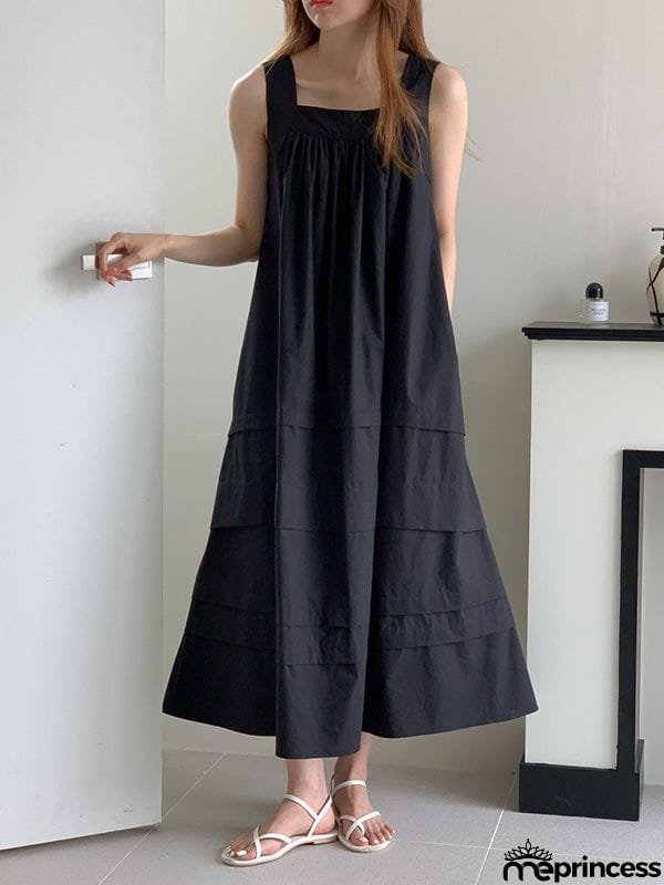 Loose Sleeveless Solid Color Square-Neck Midi Dresses