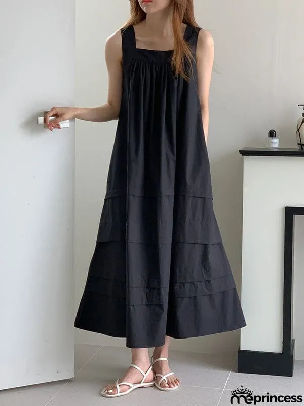 Loose Sleeveless Solid Color Square-Neck Midi Dresses
