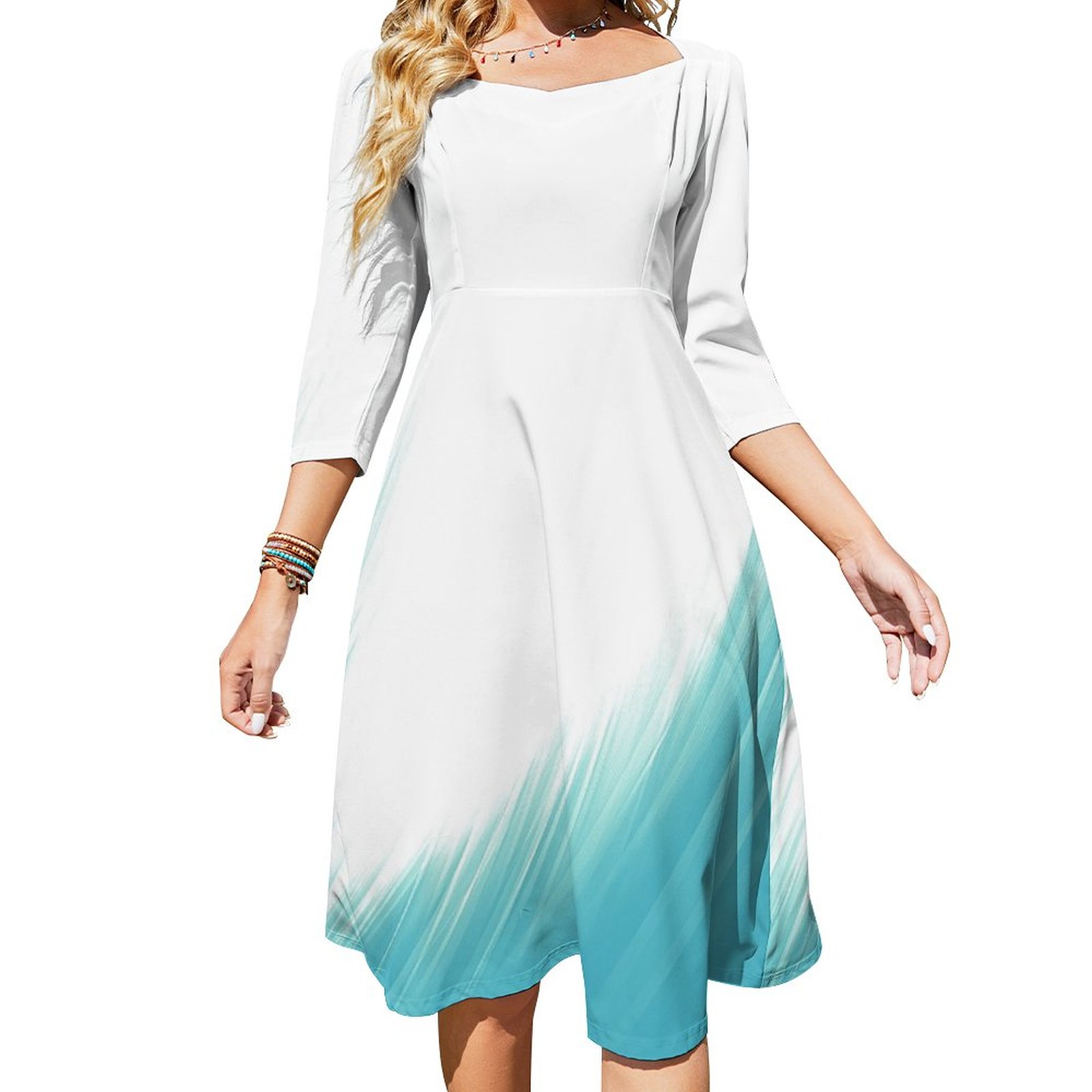 Minimal Abstract Blue Waves Brush Art Dress Sweetheart Tie Back Flared 3/4 Sleeve Midi Dresses