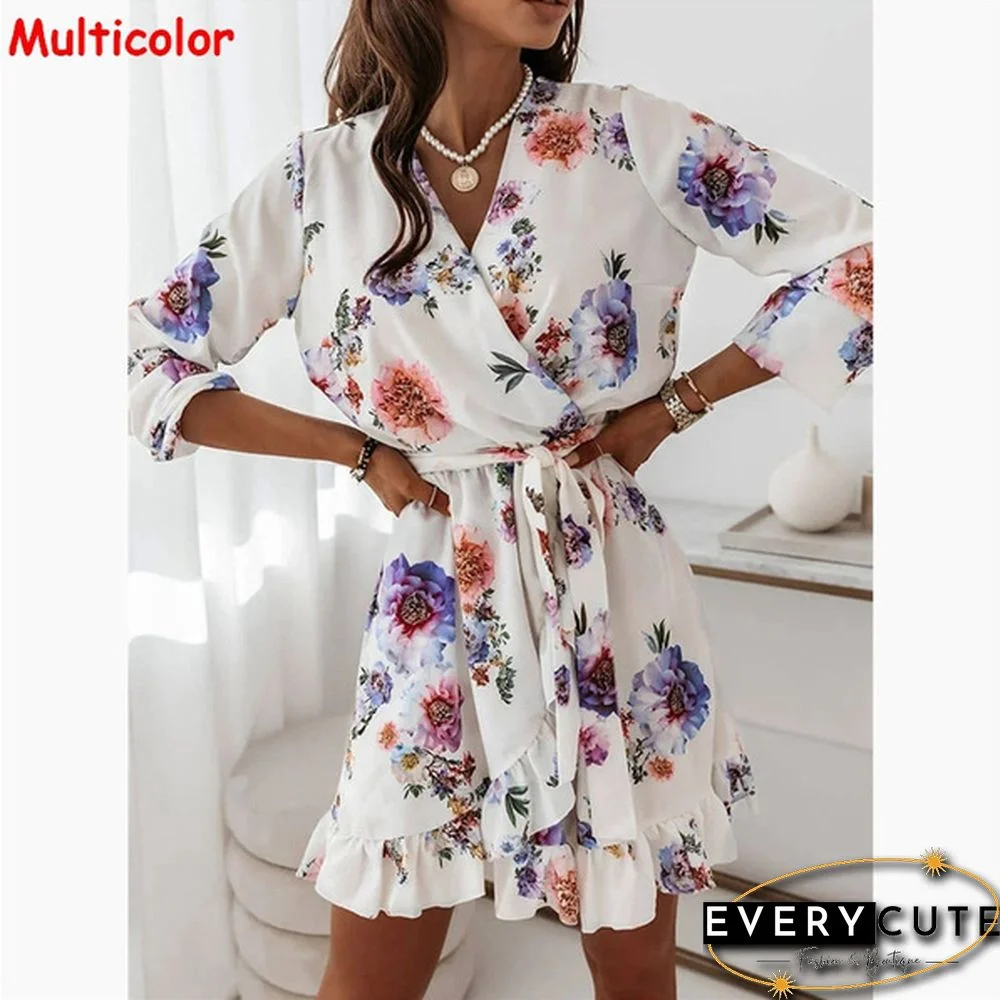 Fall Fashion Floral Print V-neck Long Sleeve Slim Mini Dress Ladies Elegant Vestidos