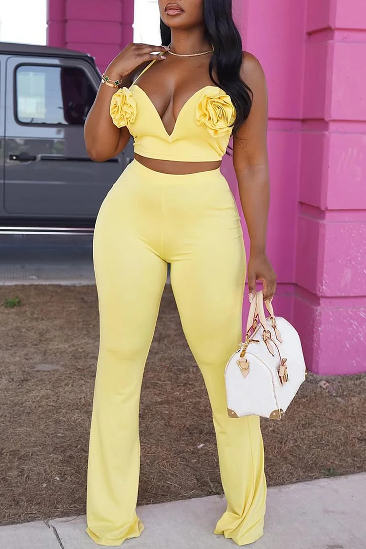 Plus Size Party Yellow 3D Crop Top Two Piece Pant Sets [Pre-Order] 2024 - Xpluswear