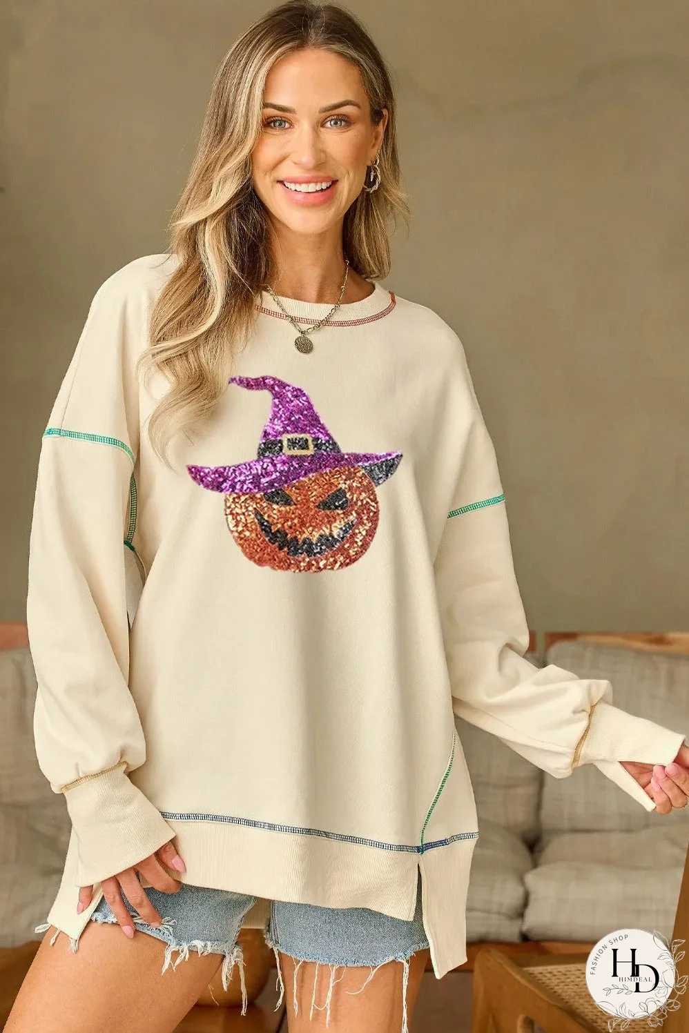 Contrast Stitching Sequin Pumpkin Round Neck Long Sleeve Sweatshirt