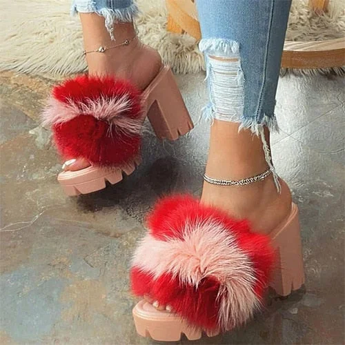Woman Fury Slippers Furry Slides Pumps High Heels Platform Women Party Square Fur Furry Sandals White Red 2020