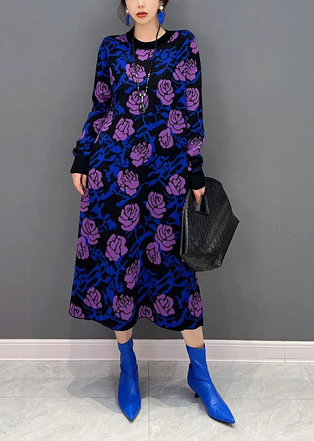 4.15French Purple Rose Print Slim Fit Knit Long Dress Spring