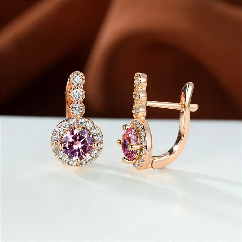 Dainty Female Green Red Purple Zircon Earrings Cute Gold Color Clip Earrings For Women Luxury Crystal Round Wedding Earrings
