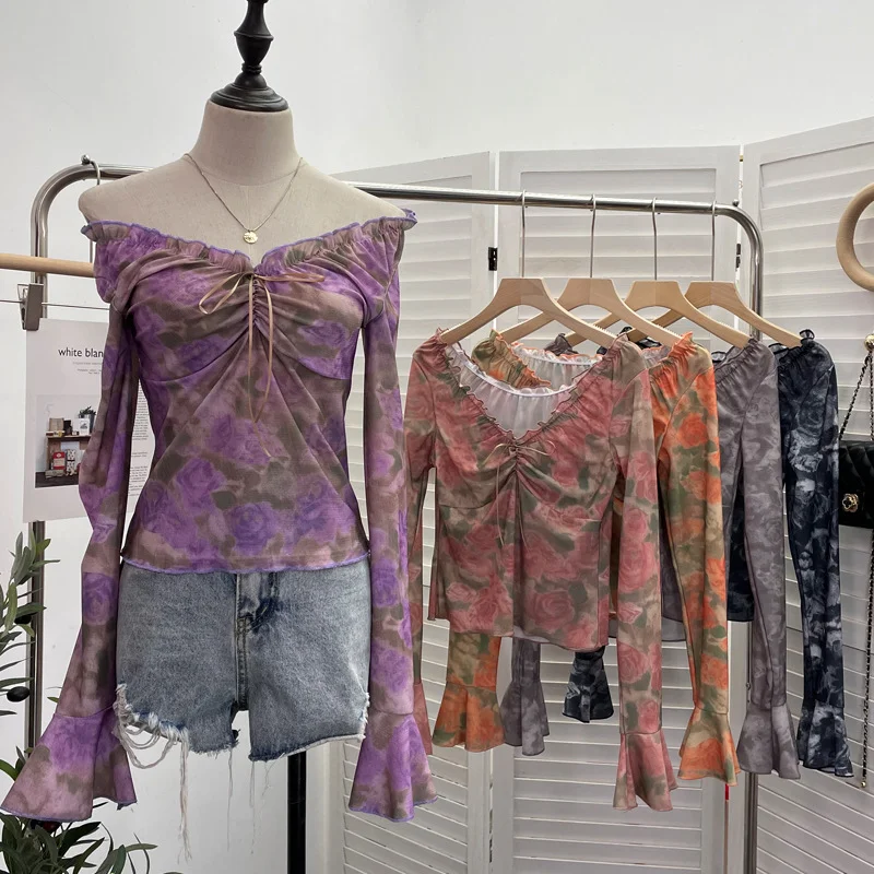 Uveng Vintage Print V-Neck Horn Sleeve Top Wooden Ear Lace With Short-Sleeved Long-Sleeved T-Shirt 9906