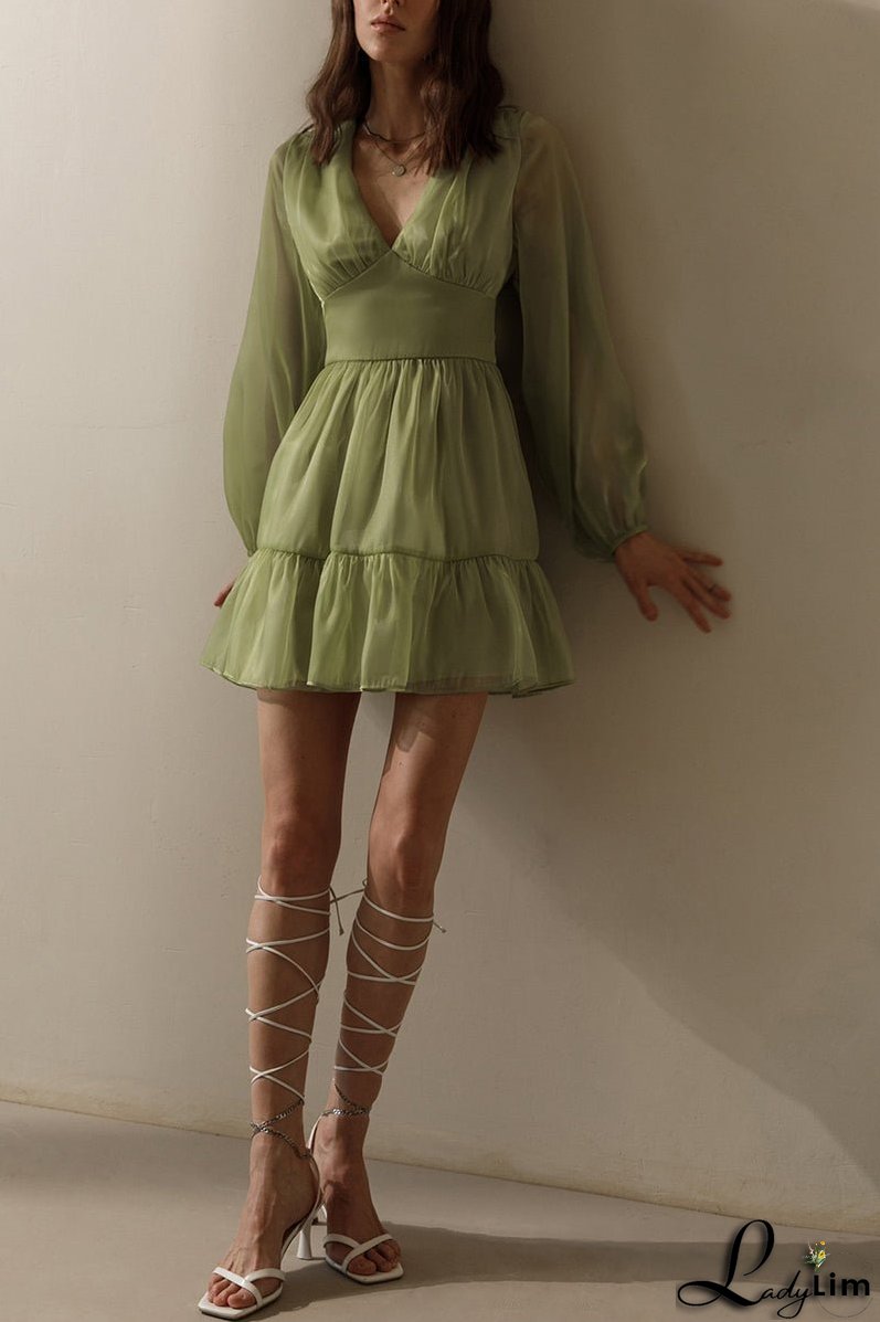 Glitter V Neck Long Sleeve Mini Dress