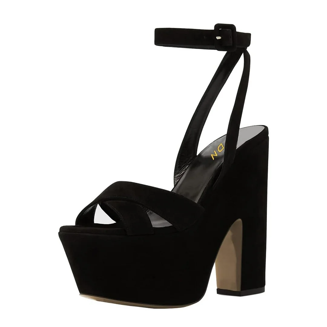 Open Toe Chunky Heel Buckle Ankle Strap Black Platform Sandals