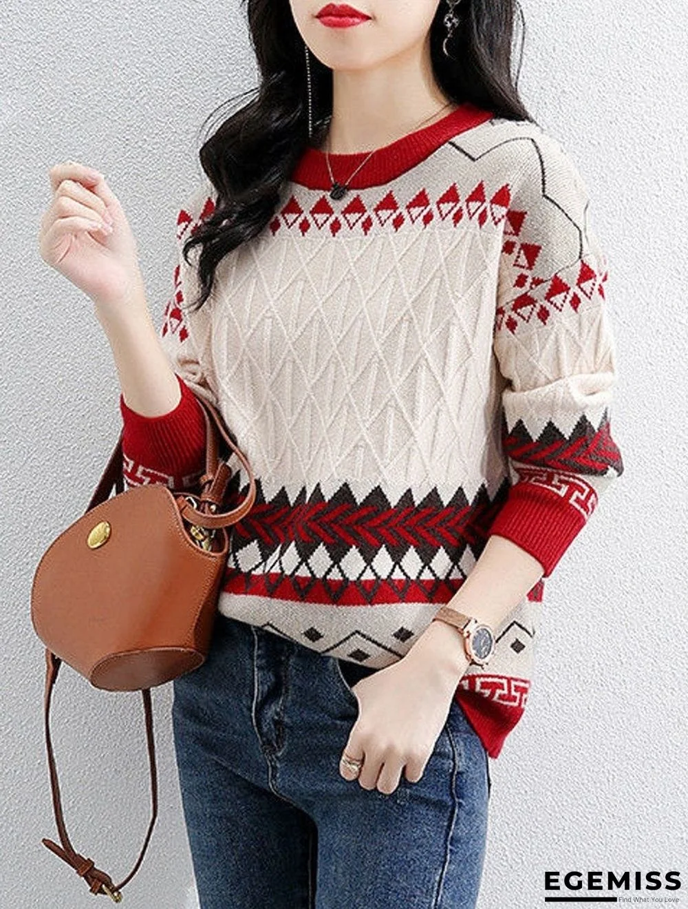 Fall/Winter Round Neck Retro Color Block Knitted Sweater | EGEMISS