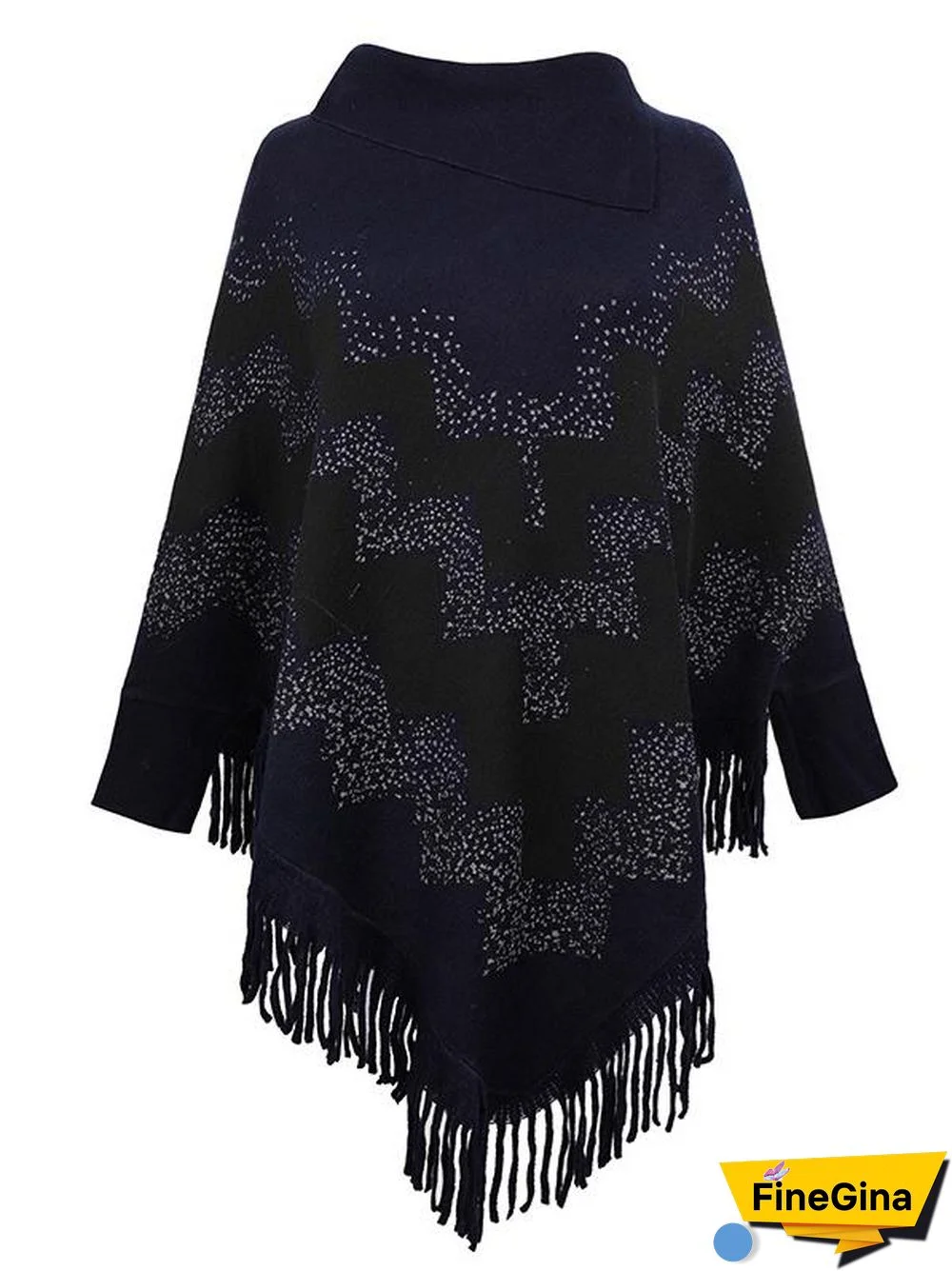 Women's Scoop Neck Knit Shawl Fringed Hem Loose Sweater Top