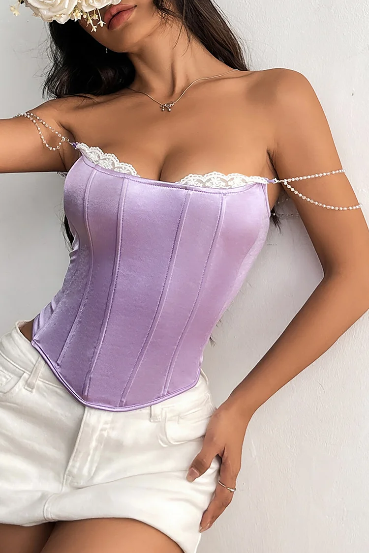 Beaded Chain Draped Shoulder Lace Trim Corset-Purple