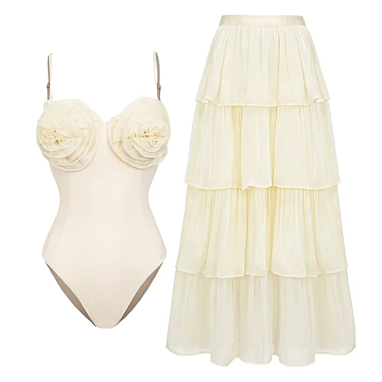 3D Flower White One Piece Swimsuit Flaxmaker