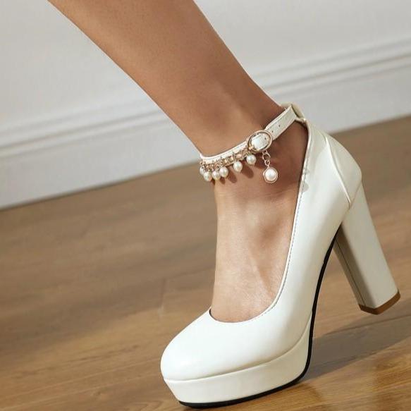Women's pearls beads d¨cor ankle buckle strap chunky high heel pumps