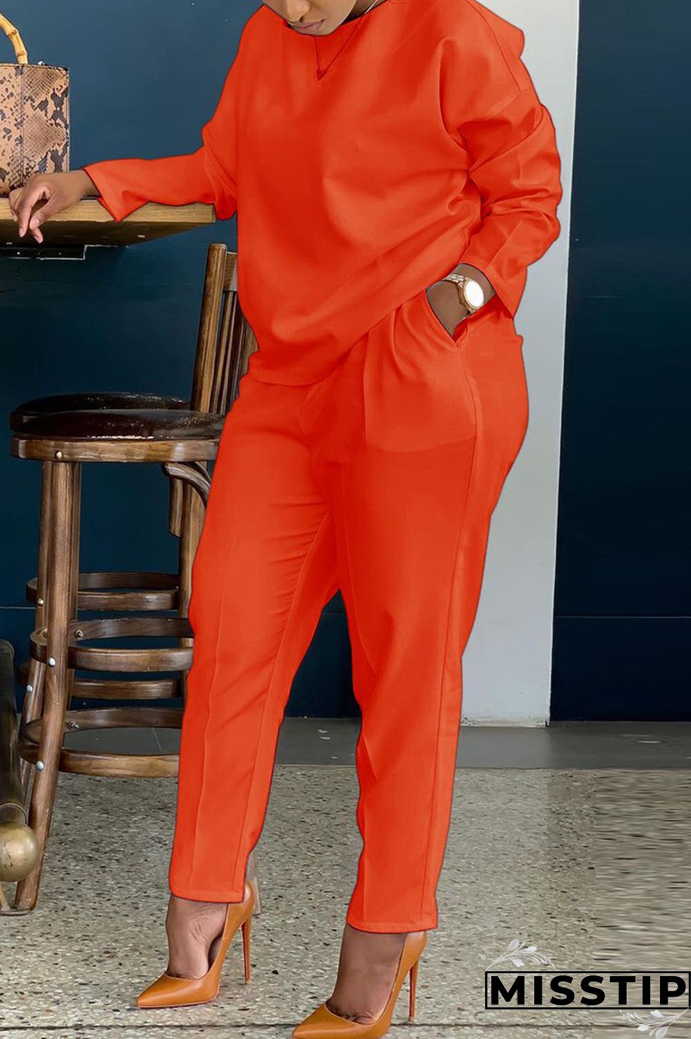 Orange Fashion Casual Solid Basic O Neck Long Sleeve Two Pieces