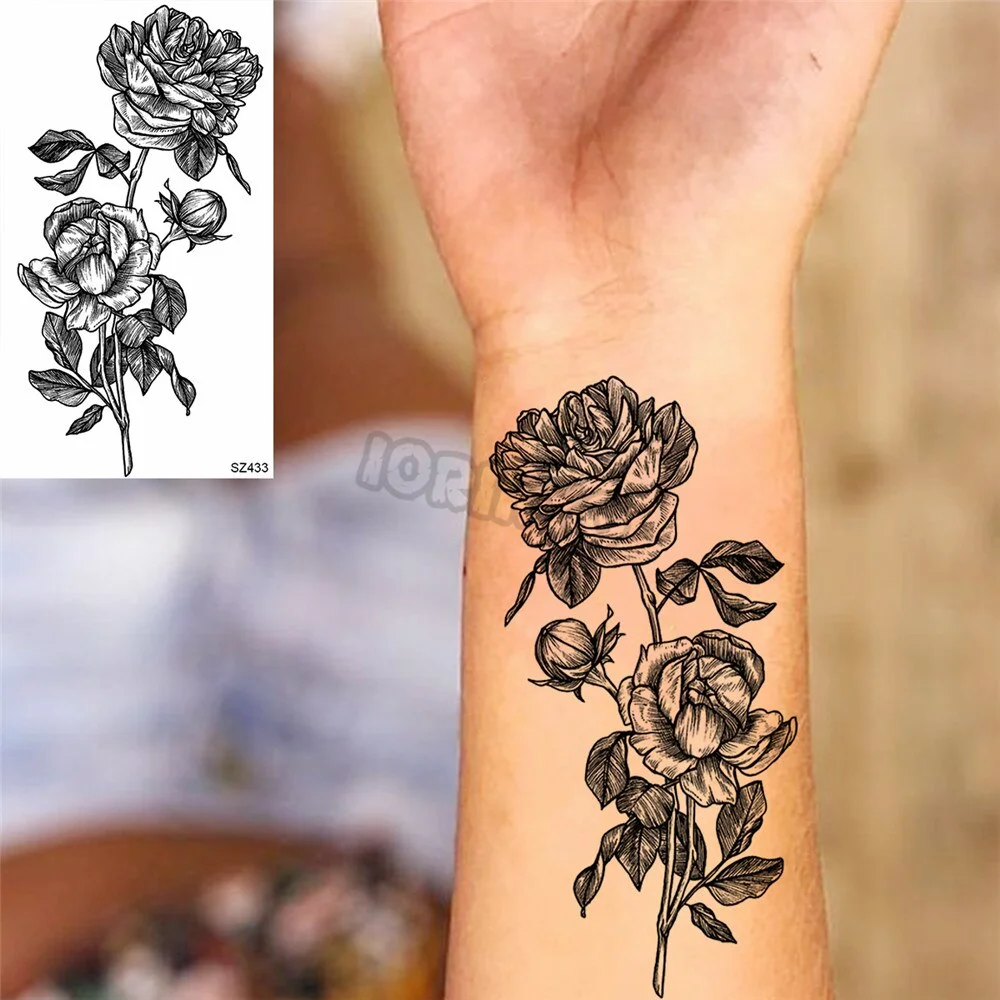 Black Rose Flower Temporary Tattoos For Women Girls Realistic Cosmic Moon Thorns Fake Tattoo Sticker Forearm Tatoos Legs Wedding