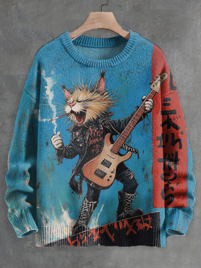 Men's Punk Cat Rock Guitar Art Print Knit Sweatshirt