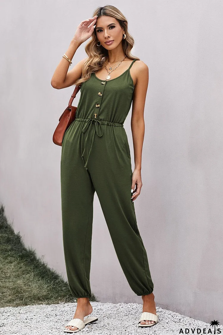 Casual Green Spaghetti Strap Pocketed Knit Jumpsuit