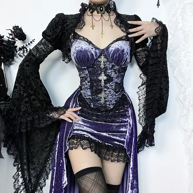 Gothic Dark Sexy Cross Lace Paneled Slip Dress