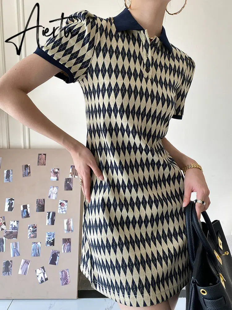 Polo-neck Knitted Dress Diamond Vintage Casual Korean Short Sleeve A-line Dress Knee-length Women Summer Clothing Bestidos Aiertu