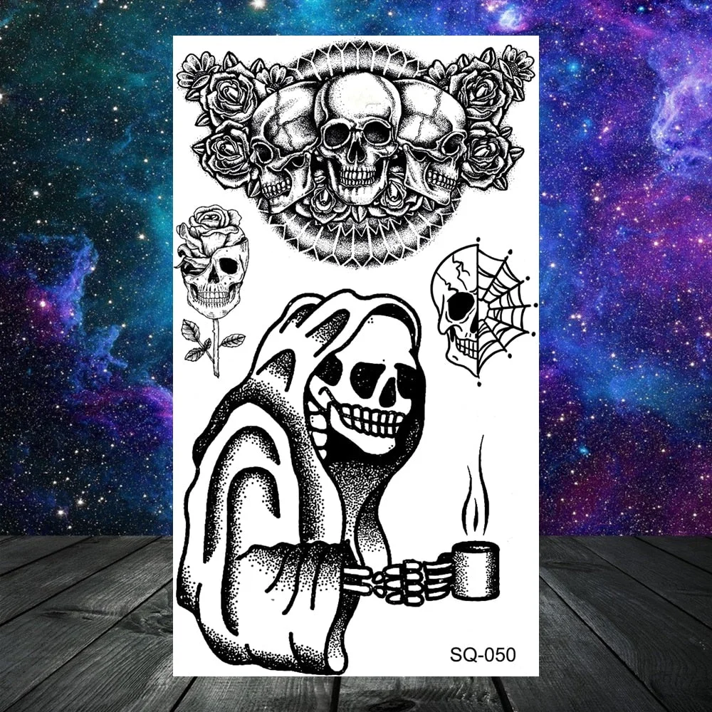 Black Skull Rose Flower Temporary Tattoos For Women Adult Girls Kids Snake Scorpion Wolf Tree Fake Tattoo Finger Ear Tatoos