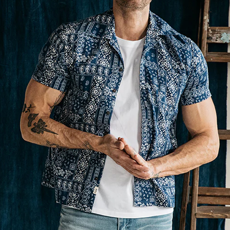 Men's Vintage Blue Patterned Short Sleeve Shirt