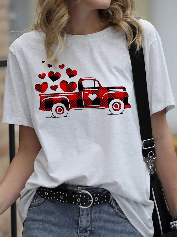 Bestdealfriday Valentine Plaid Printed Splicing Truck Heart Pure Cotton T-Shirt