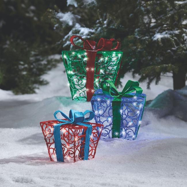 technology-Fuzzy Gift Boxes Pre-Lit LED Christmas Lawn Décor - 3 Pack