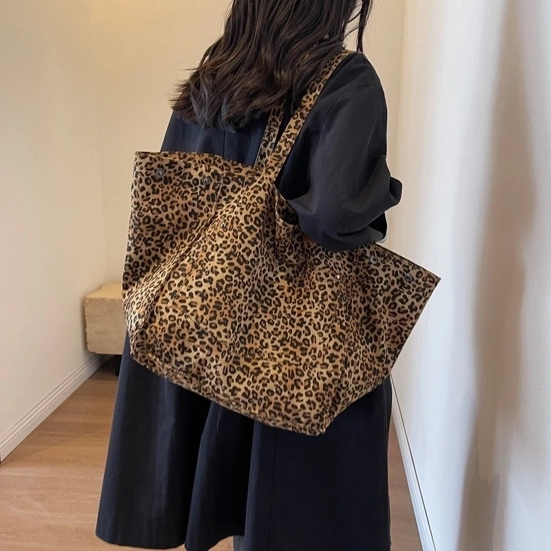 Leopard Print Canvas Tote Large Capacity Bag For Women New Trendy Fashion Original Design Portable Commuter Bag Shoulder