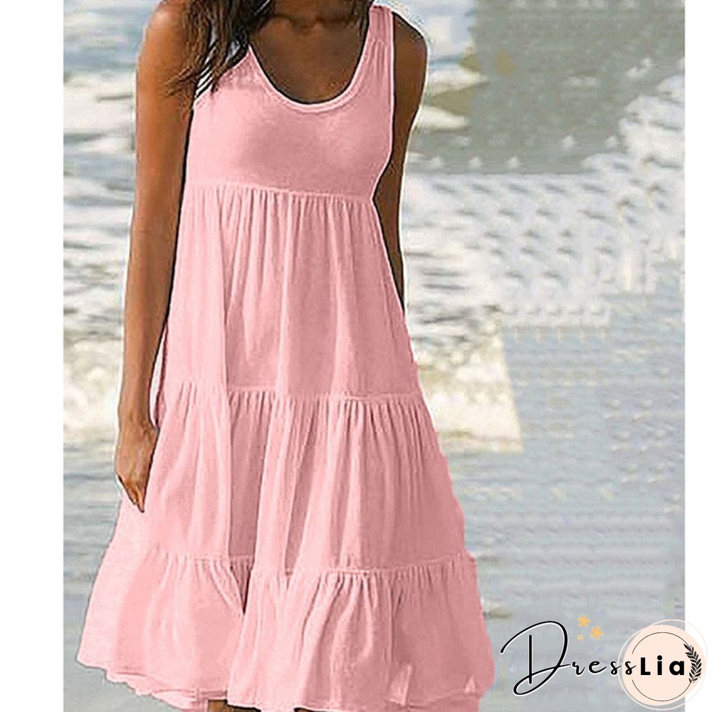 Summer Dresses Plus Size Fashion Clothes Women's Casual Tank Tops Party Beach Wear Loose Dresses Solid Color A-line Skirt Cotton Round Neck Off Shoulder Dress Ladies Pleated Halter Mini Dress Sleeveless Dresses