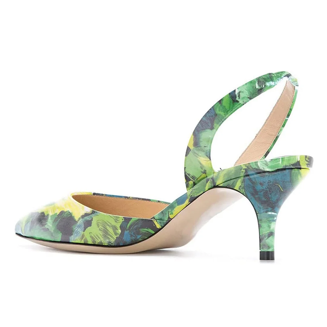 Chic Green Floral Print Pointed Toe Kitten Heel Slingback Pumps