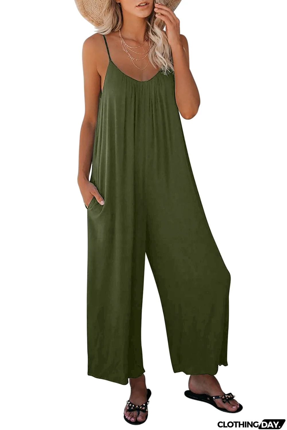Spaghetti Straps Wide Leg Pocketed Jumpsuits