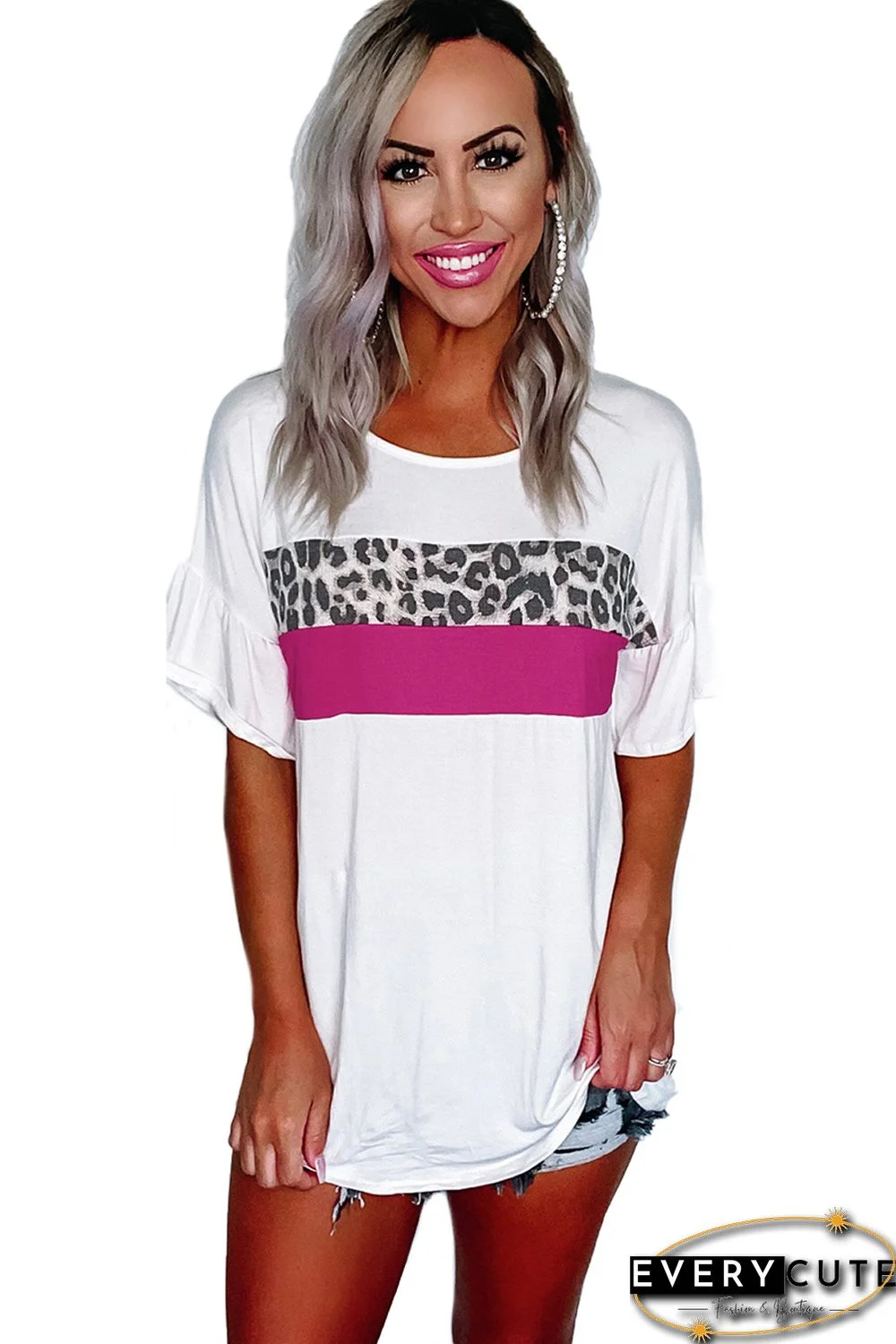 White Leopard Color Block Short Sleeve Tee