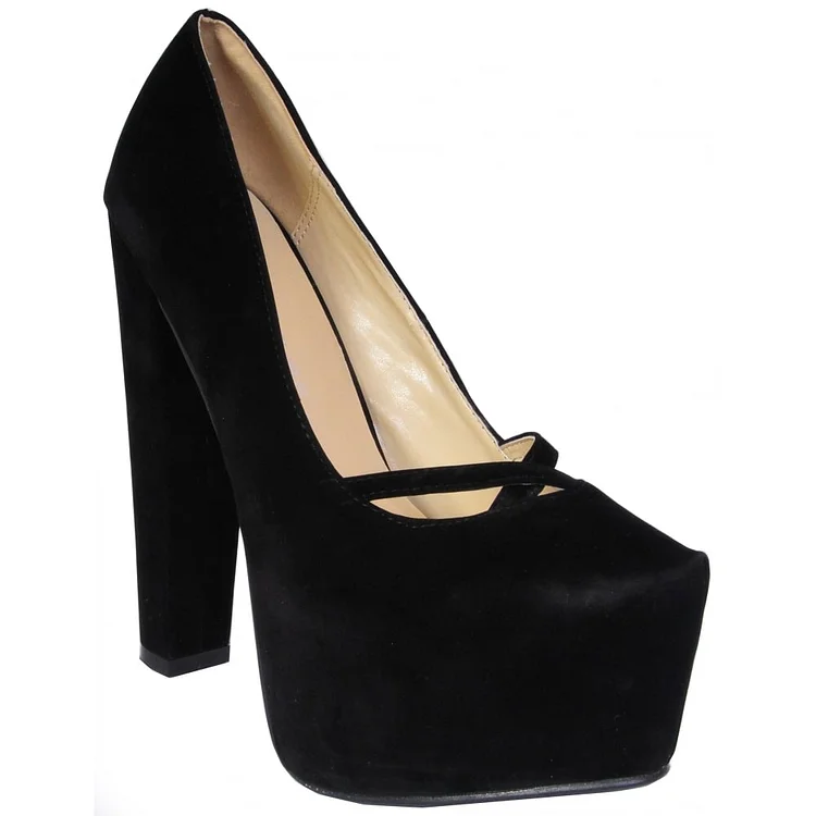 Black Platform Heels Closed Toe Suede Sky High Chunky Heel Pumps |FSJ Shoes