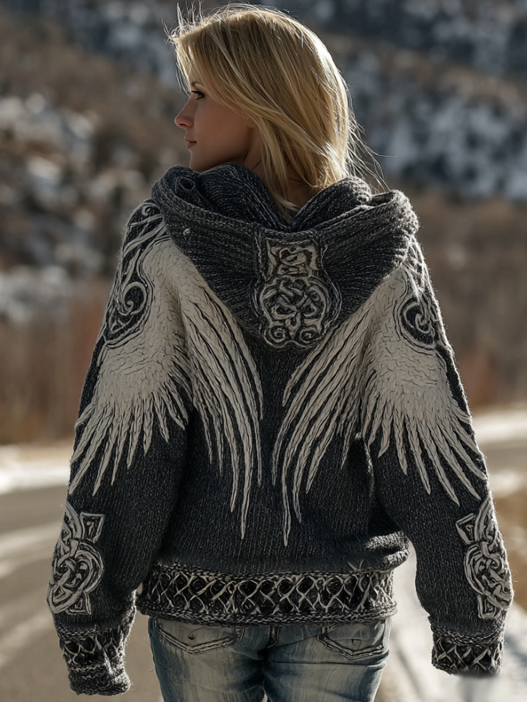 Women's Viking Wings Black And White Thick Needle Hoodie Sweater elevenforest