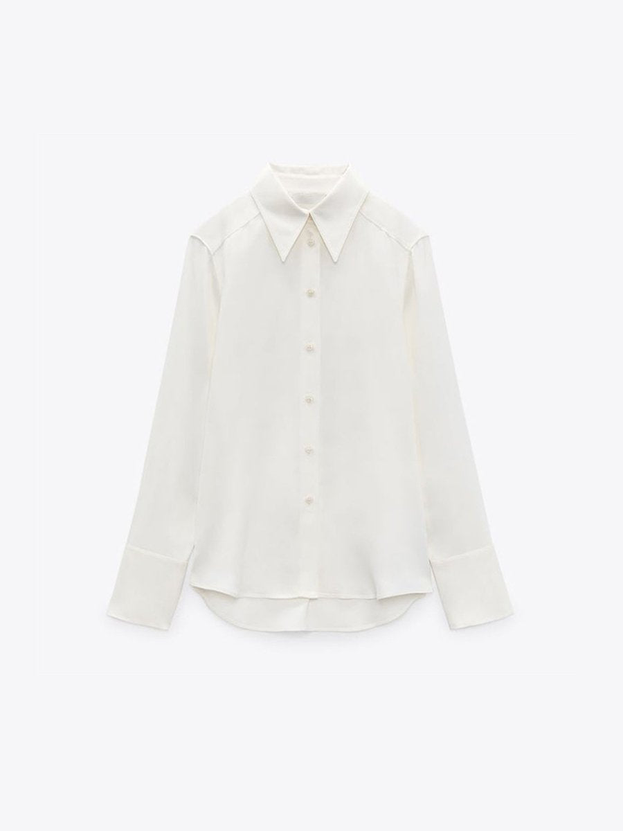 Satin Turndown Collar Long Sleeve Blouses