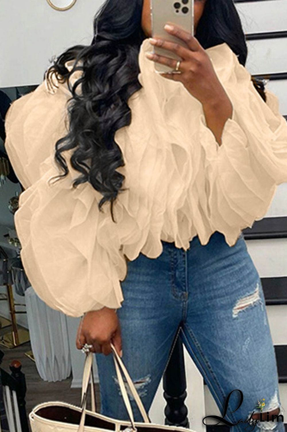 Beige Fashion Casual Solid Patchwork Flounce O Neck Tops