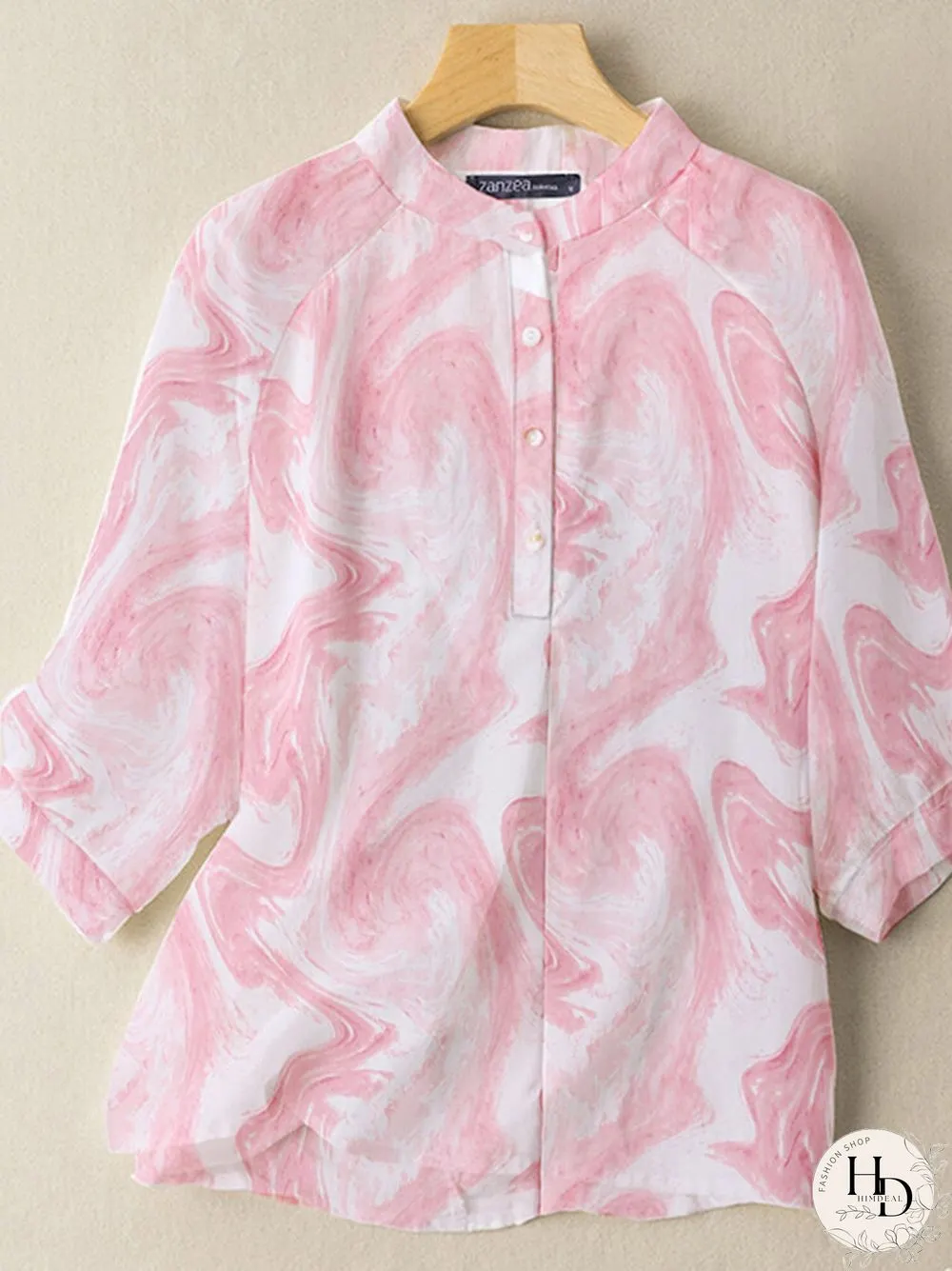 Wave Pattern Button Stand Collar Casual Blouse