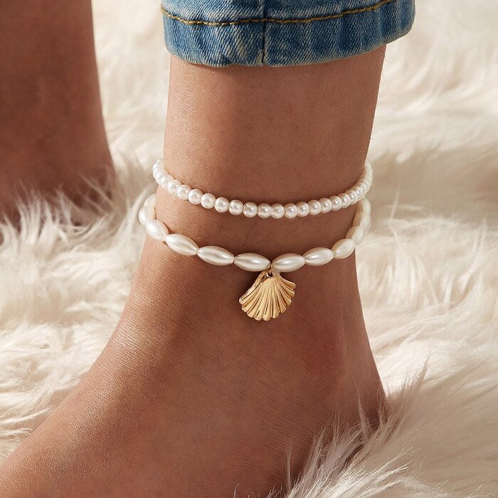 UsmallLifes King   New simple artificial pearl fan shell anklet creative retro foot ornaments US Mall Lifes